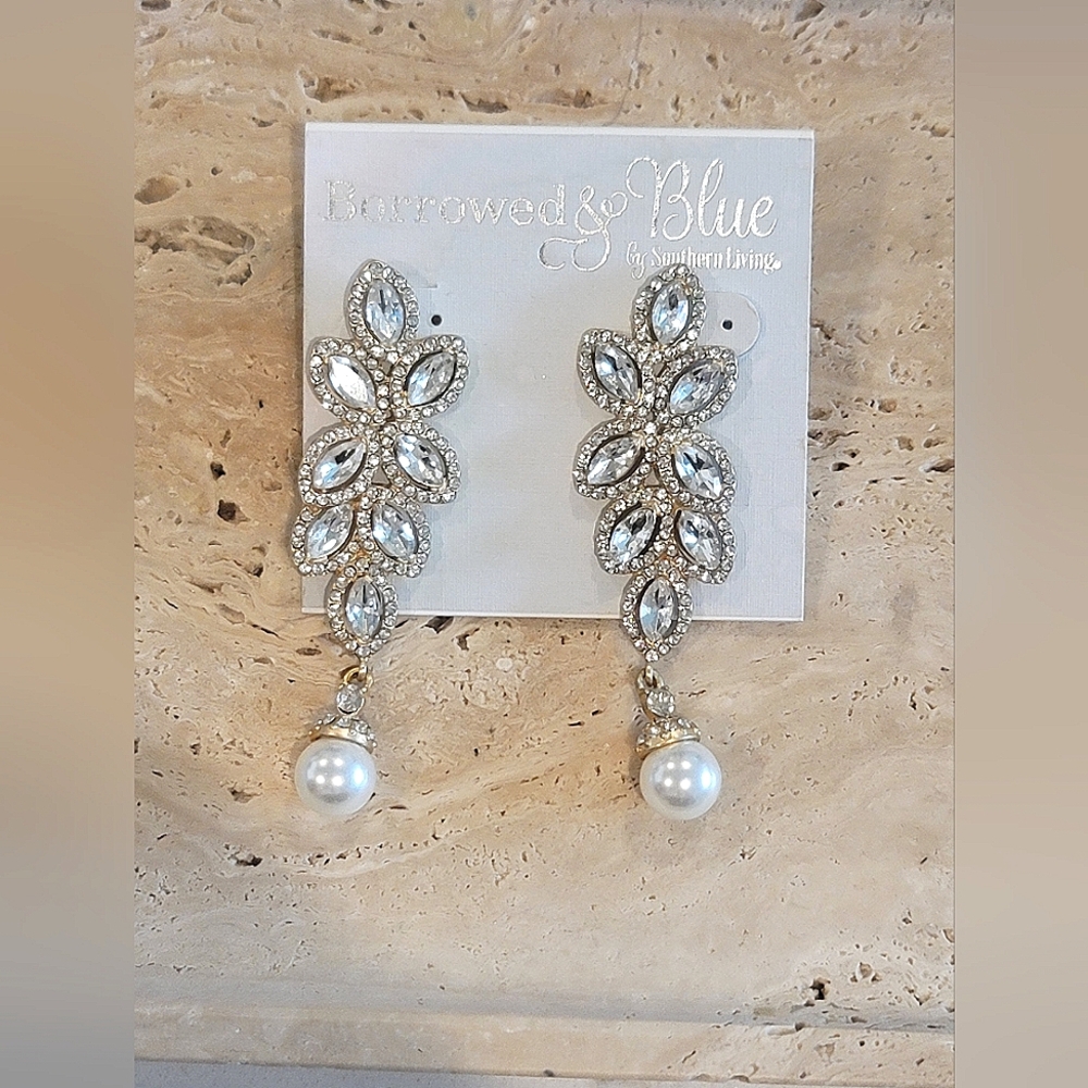 Silver Crystal Leaf Earrings with Pearl Drops